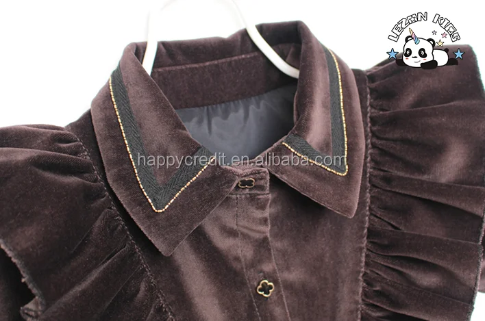 LEZONKIDS - Custom A-line Princess Ruffle Short Sleeves Brown Silk Velvet Dress Shirt for Girls